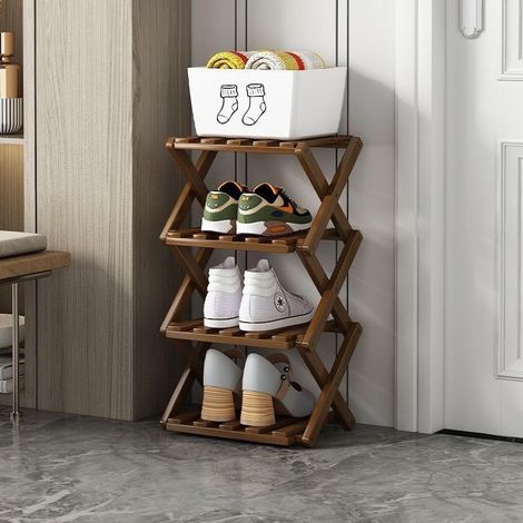 Scarpiera pieghevole in bambù, ideale per l'ingresso, la cabina armadio, la camera da letto o il corridoio. Colore naturale (marrone). Funzionale e multifunzionale, offre quattro livelli di stoccaggio