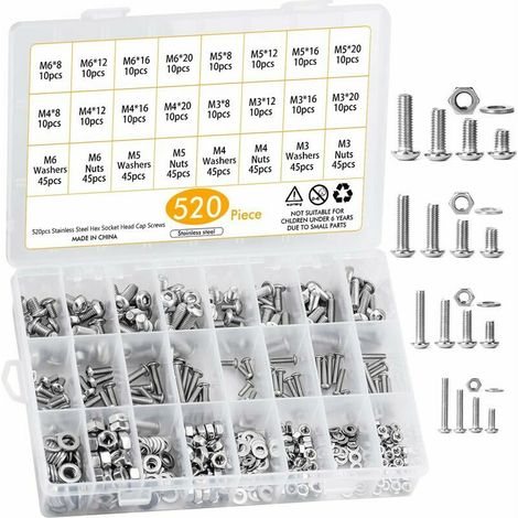 VURAHOME - Lot de 520 Assortiment Vis Inox M3 M4 M5 M6 Métrique à Tête Ronde, Ecrous Hexagonale et Plate Rondelle avec Boîte de Rangement， (1/5)