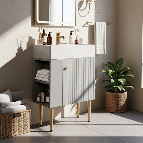 URBAN MEUBLE Mobile bagno grigio chiaro con lavabo bianco e gambe dorate (rubinetteria non inclusa) (1/5)