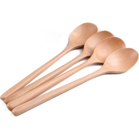 Lot de 4 petites cuillères en bois long manche pour miel, lait, soupe, café, thé, sucre et assaisonnement en cuisine.