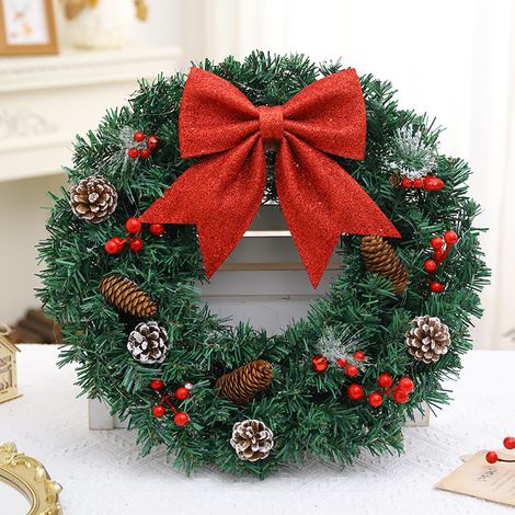 Künstlicher, beleuchteter Weihnachtskranz, 40 cm, mit roter Schleife, Tannenzapfen und roten Beeren, festliche Dekoration für drinnen und draußen, z. B. für die Haustür. (1/4)