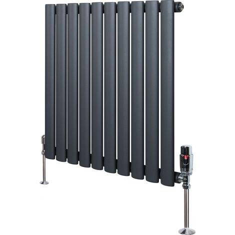 Radiateur à Colonnes Ovales & Vannes 1 Panneau 600 x 600 mm en Acier Carbone Gris Anthracite Chauffage Centrale Moderne Horizontale Monté Sur Mur Cuisine [Brosse de Nettoyage & Supports INCLUSES]