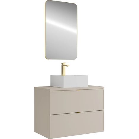 Mobile bagno sospeso con lavabo da appoggio quadrato, rubinetto e specchio Beige 80 cm - ONDIL (1/5)