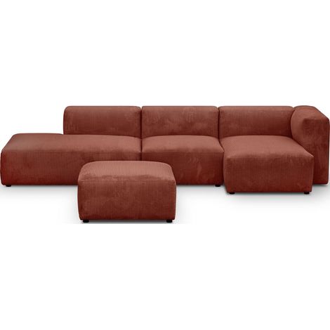 Canapé d'angle à droite modulable avec méridienne 5 places en velours côtelé rouille + pouf - Modulo (1/5)