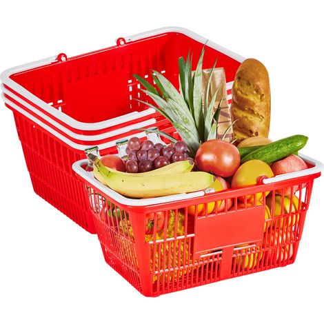 Panier de courses empilable, 4 pièces, 21L, en plastique PE, avec poignées, structure en maille dense, capacité 9 kg, usage supermarché et maison, rouge. (1/5)