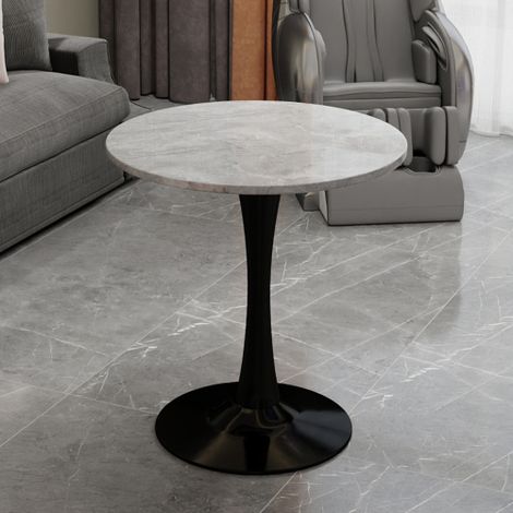 Tavolino da caffè nero da 70 cm, tavolo da pranzo in stile moderno di metà secolo, adatto per 2-4 persone, con piano rotondo in marmo con finitura venata grigio chiaro, perfetto per diversi ambienti.