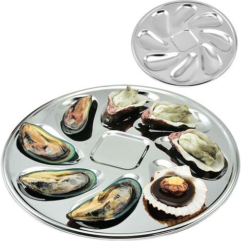 Plateau à huîtres, lot de 2 plateaux en acier inoxydable en forme de coquille d'huître, épais et réutilisable, avec 8 emplacements pour servir les huîtres à la maison ou chez l'hôte. (1/5)
