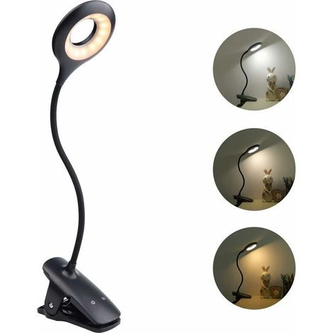 Lampe de Chevet USB Rechargeable sans Fil , Lampe de Lecture Tactile Noire, 3 Couleur et 3 Intensité Variable, Lampe de Lecture avec Pince pour Lire au Lit Enfant (1/5)