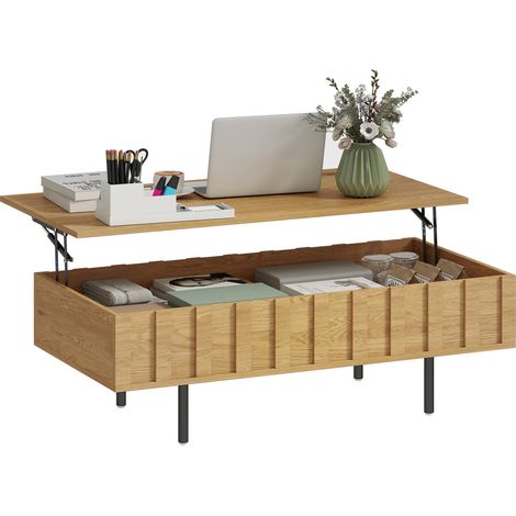 Table basse relevable avec 2 compartiments cachés, pieds métal, 110x55x36,5 cm, chêne (1/5)