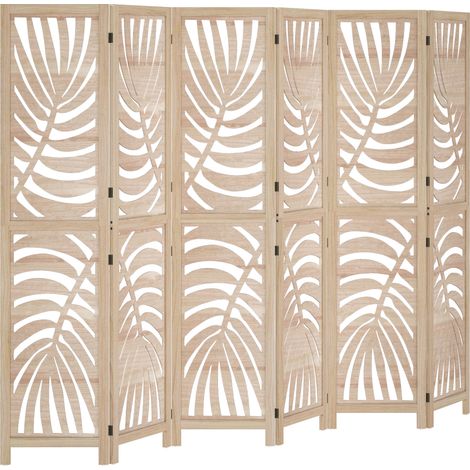 Paravent interieur - HOMCOM - en bois - 6 panneaux 240 x 170 cm - pliable et portable, motif de feuille, design amovible - naturel (1/5)