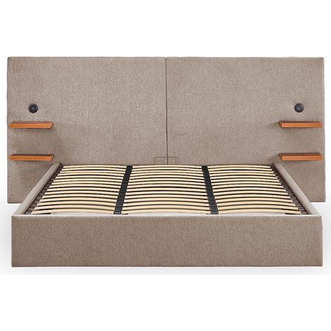 Lit-coffre complet avec tablettes et ports USB intégrés Lukas 180x200cm Tissu Taupe clair