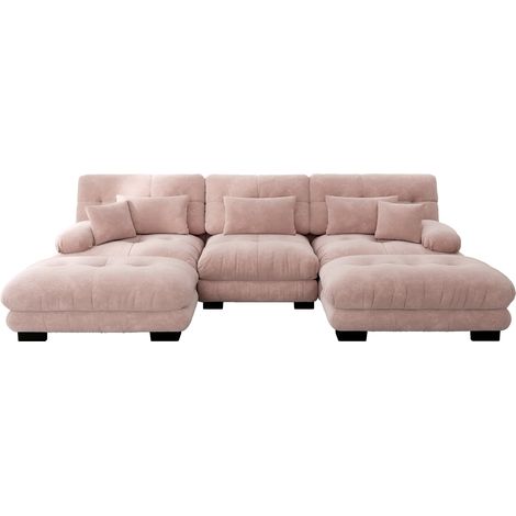 ELVMI Sofá esquinero modular 5 piezas con otomana y cojines, para salón, en chenilla, rosa (1/5)