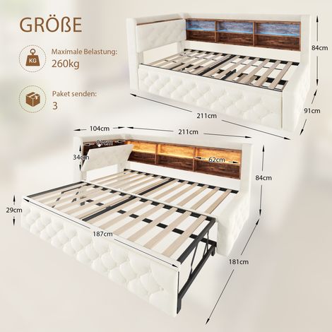Canapé-lit extensible 90 x 190 cm, en velours, avec accoudoirs de rangement, tête de lit en bois avec étagère, éclairage LED, ports USB et Type-C, sommier à lattes, beige, idéal pour le salon et la ch (1/4)