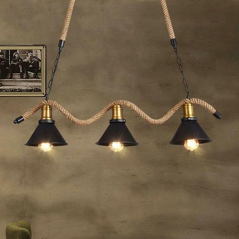 Lampadario Corda In Canapa Paralume Campana 3 Portalampada E27 Stile Retrò B24-3 (1/4)