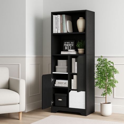 Vitrine haute avec rangements ouverts, 2 portes et 1 tiroir, meuble de rangement pour chambre et salon, noir et blanc