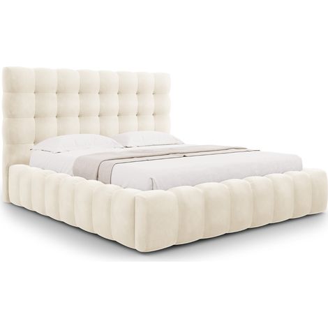 Lit coffre avec tête de lit 140x200cm en velours beige clair (1/5)