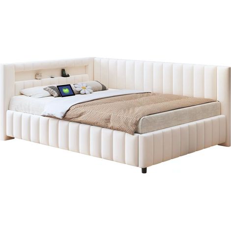 Divano letto 140x200 cm in velluto beige con LED, USB e testiera - CHICFURN (1/5)