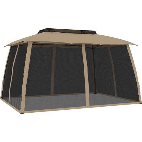 Tonnelle avec double toit et parois en filet taupe acier