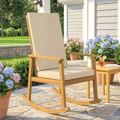 Fauteuil à bascule en bois d'acacia, avec dossier haut et coussin, supportant jusqu'à 160 kg, dimensions : 60 x 89 x 107 cm, beige. (1/5)