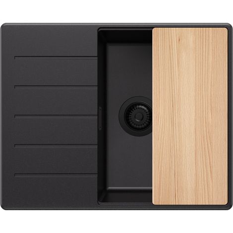 PRIMAGRAN Evier Cuisine en Granit 62x50cm, Lavabo 1 bac + Kit de Vidage + Planche à Découper, Évier à Encastrer au meuble 45cm - Copenhague, Tout Noir