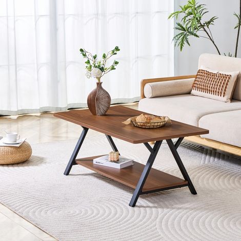 Table basse rectangulaire - 110x57x44,5cm - Style industriel avec étagère de rangement et structure en X - Noyer et Noir (1/5)