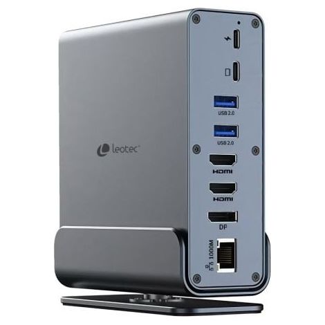 Docking USB Tipo-C Leotec LEDS06/ 5xUSB/ 2xUSB Tipo-C/ 1xUSB Tipo-C PD/ 1xDisplayPort/ 2xHDMI 4K/ 1xRJ45/ 1xJack 3.5/ 1xLector de Tarjetas/ Gris
