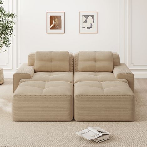 Modulares Sofa aus Cord Beige, 74 cm Tiefsitz, montagefrei, flexibel als 2-Sitzer mit Ottoman nutzbar