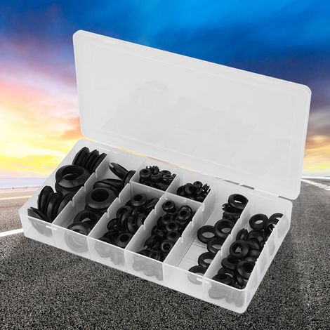 200 schwarze Gummidichtungsringe in den Größen 3/16", 1/8", 1/4", 5/16", 3/8", 1/2", 5/8" und 3/4". (1/5)