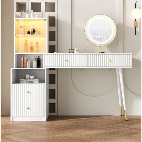 Coiffeuse blanche HAVRYA avec miroir LED 3 couleurs, 4 tiroirs et vitrine en verre (1/5)