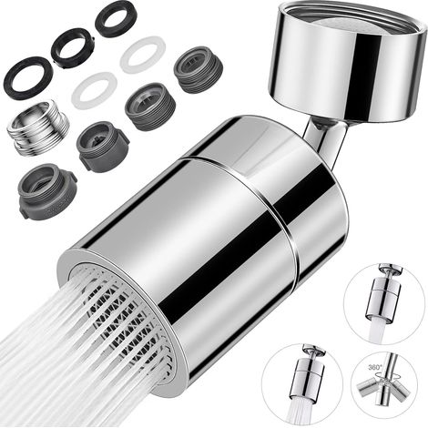 360° Swivel Faucet Aerator for Kitchen Faucet, Water Saving Faucet Aerator with 2 Spray Modes and 20mm, 22mm and 24mm Female/Male Adapters