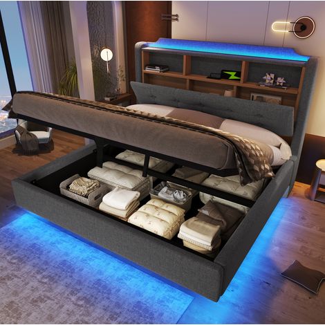 Polsterbett Leinen Grau 140x200 cm mit hydraulischem Stauraum, LED-Lichtleiste und USB-/Typ-C-Anschlüssen (1/5)