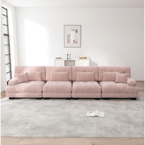 Sofá rinconera modular de 4 plazas con asiento profundo de chenilla rosa DESVIAE (1/5)