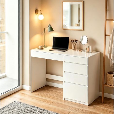 Coiffeuse avec miroir LED 60x40 cm, 5 tiroirs, bois blanc et verre, pour chambre, 100x45x75 cm (1/5)