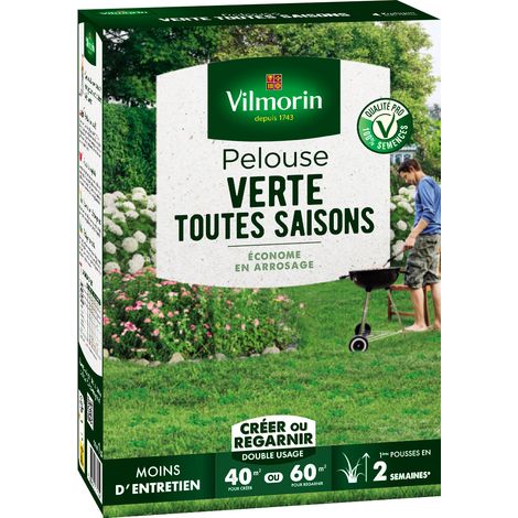 Vilmorin – Pelouse verte toutes saisons 1 kg – Gazon enrichi en micro-trèfles – Pour terrains ensoleillés et ombragés – Résistant aux piétinements