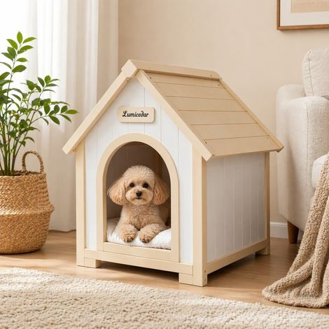 Niche d'intérieur en bois certifié FSC pour chien et chat, habitat confortable style scandinave pour petit animal, 60x55x70 cm, blanc crème (1/5)