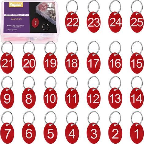 50 pezzi di targhette numeriche ovali in alluminio rosse da 1 a 25 con kit portachiavi assortito, targhetta portachiavi in metallo con targhette numerate per codifica e decorazione (1/5)