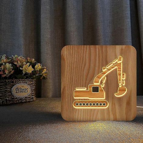 Filiyano – lampe en bois 3D – Veilleuse ampoule en forme d'excavatrice, lampe en bois 3D, luminaires en bois créatifs, lampes décoratives simples (1/5)