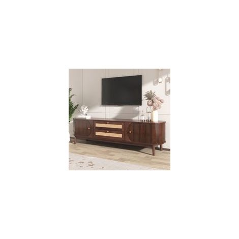 Neche – Meuble TV vintage en bois massif et rotin tressé – 2 tiroirs – Dimensions 170x39.5x46cm – Armoire TV rustique pour salon