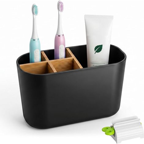Porte Brosse à Dents avec Séparateurs en Bois Porte Brosse à Dents Salle de Bain Organisateur Salle Rangement Salle de Bain avec 5 Compartiments Brosse à Dents Électrique Support à Dents Dentifrice