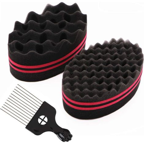 Sponge À Boucler - Double Face Avec Trou Petit Et Grand - Pour Cheveux Bouclés Afro Coils Dreadlocks - 2 Pièces Avec Peigne Métallique (1/5)
