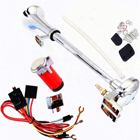 Klaxon pneumatique Car Horn 150db Klaxon de voiture Haut-parleur Trompette monotube en zinc chromé 24V Klaxon en zinc chromé avec Compresseur rouge Air Horn pour 24V camion bateau moto etc (1/5)