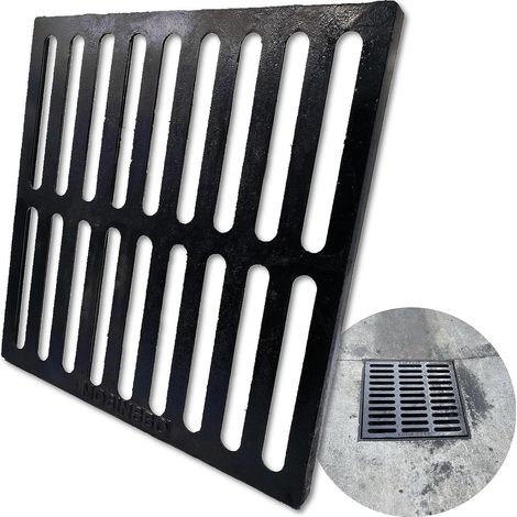 Grille Drainage Fonte pour Caniveau Allée Robuste 457 x 457 mm Drainage extérieur robuste B125, grille métallique noire pour garage, cour et contrôle des eaux de surface, carré, rectangle (1/5)