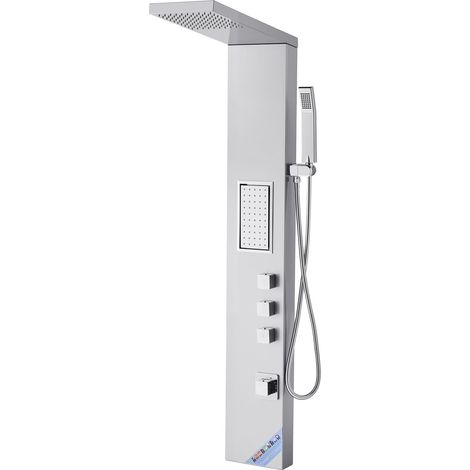 Colonne de douche avec pommeau de douche effet pluie, système de panneau de douchette mural haute pression en acier inox brossé, robinet 3 fonctions, avec grand jet corporel et douchette à main (1/5)