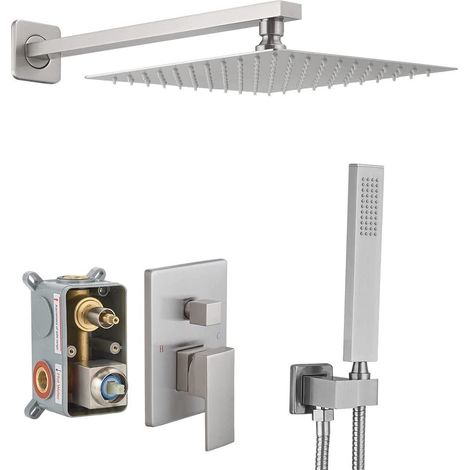 Colonne de douche encastrée Argent, Kit de Douche Complet Encastré avec Tête de Douche 20x20cm, Douchette, Ensemble Douche Encastrer - RWColonne de douche encastrée