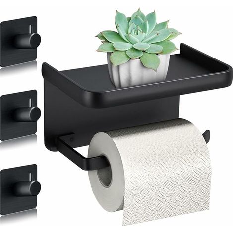 Porte Rouleau Papier Toilettes en Aluminium (Perforé/Non perforé) Porte-Rouleau avec étagères Spacieuses Porte Rouleau Papier Toilette Noir Auto-adhésif avec Tablette (1/5)