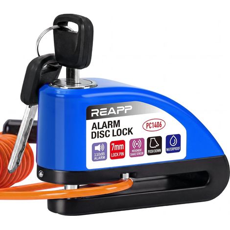 Antivol Moto Renforcé, Bloque Disque Alarme 110dB Bloc Haute Sécurité, Étanche, Piles de rechange, Câble de Rappel 1,5m et Sac, Compatible Moto/Vélo/Scooter avec Frein à Disque (1/5)