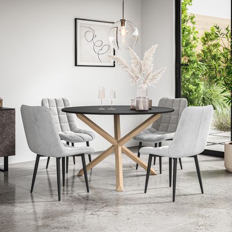 Malvern Round Dining Table And Chairs -  Black Table Top w Solid Oak Legs + Nova Velvet Dining Chair Set Of 4 (Grey) (1/5)