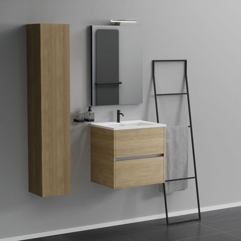 Inda - Badezimmerschrank 2 Schubladen L.60 mit Waschbecken, Spiegel und Lampe - Natureiche