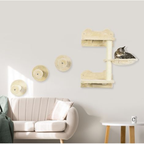 Arbre à chat mural en peluche beige, set 4 pièces avec hamac et plateforme, pour griffer, grimper et se reposer,40x28x73cm (1/5)