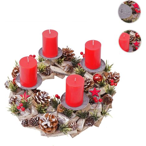 Couronne de l'Avent HWC-H50, décoration, arrangement de Noel, bois, rond Ø 33cm avec 4 bougies rou (1/5)